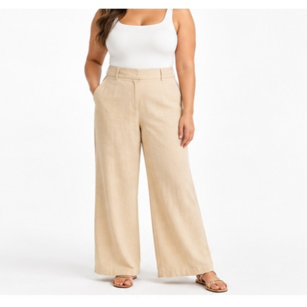Scoop Womens Linen Blend Pants Sz 18 Beige High Rise Wide Leg Tailored 31.5" Ins
